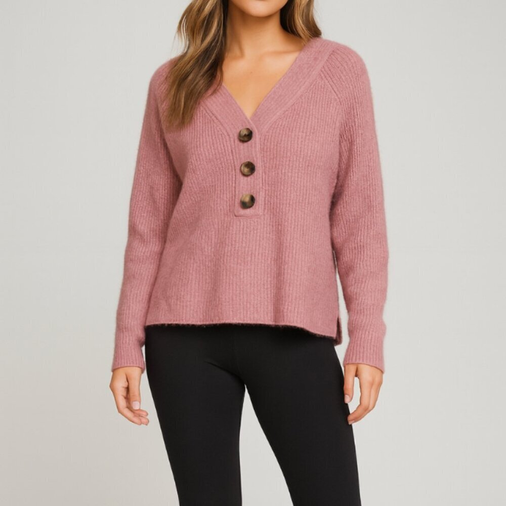 Madewell Merino Wool Blend Sweater Pink Button Front V-Neck Long Sleeve Knit Top